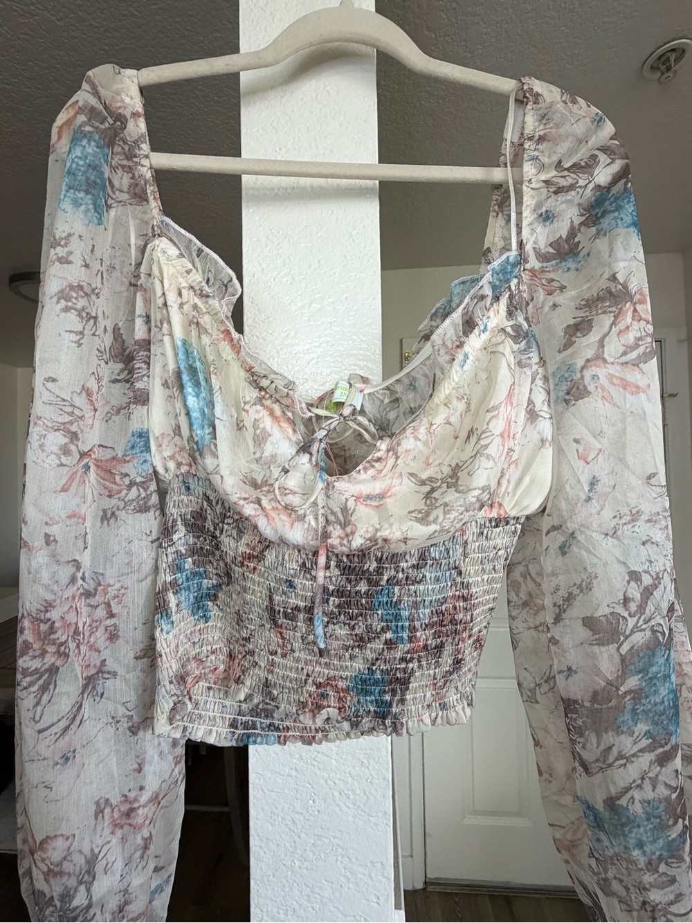 Floral Smocked Sheer Long-Sleeve Crop Top - Cream & Blue